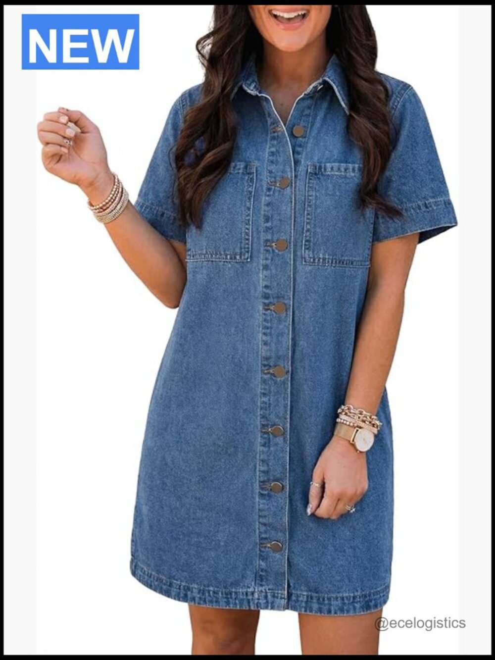 Button Down Denim Dress - Short Sleeve Babydoll Mini Jean Shirt Dress Summer